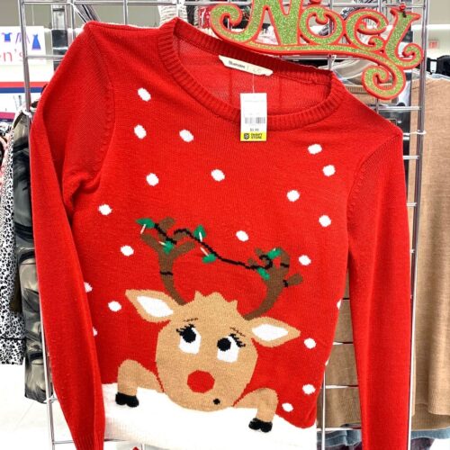 Le visage de Rudolph sur un pull rouge