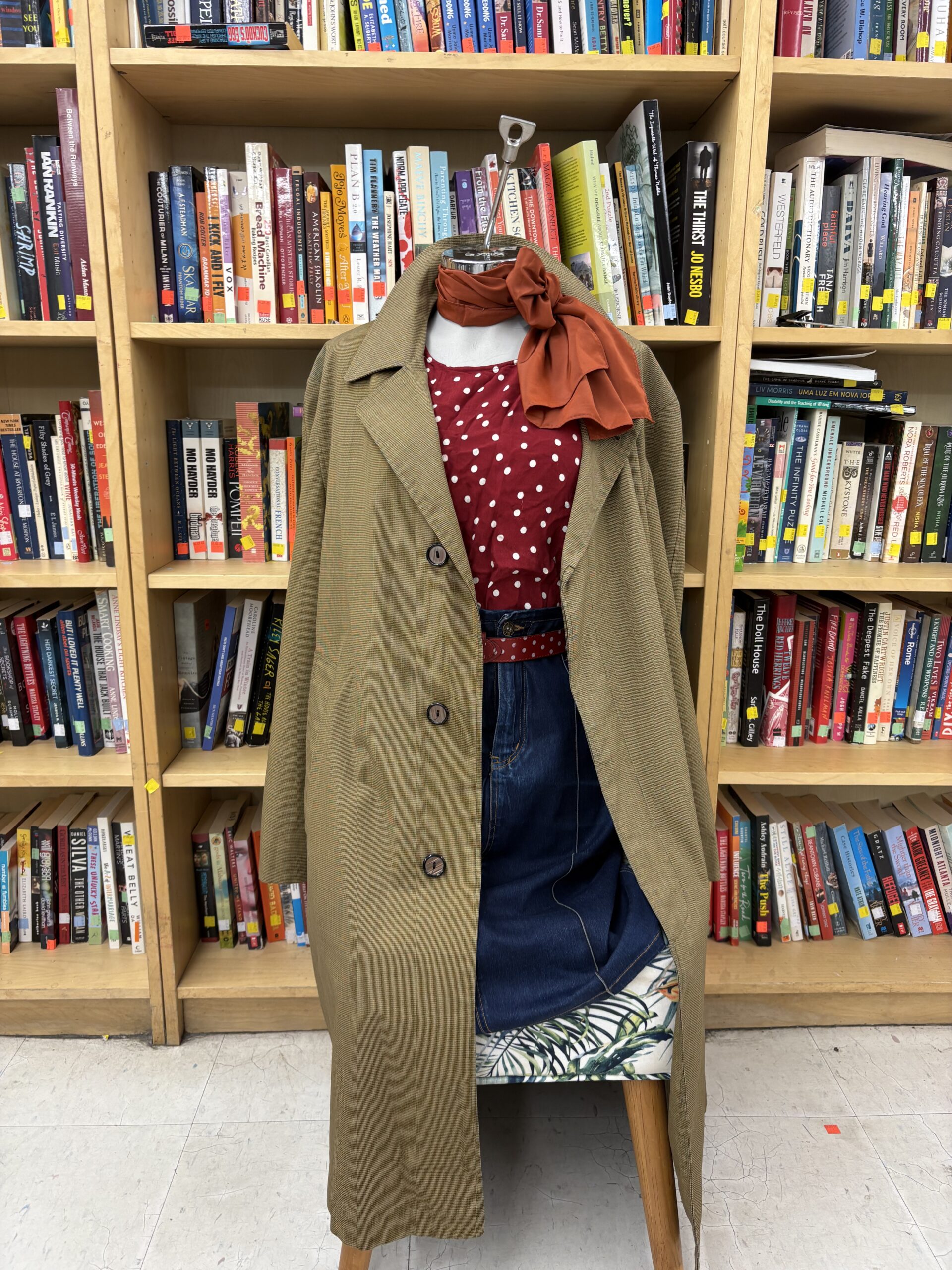 Trench coat red top, scarf, jean skirt