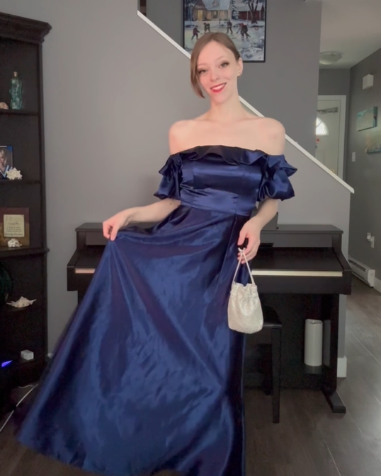 Our collaborator Jade in fancy dark blue dress