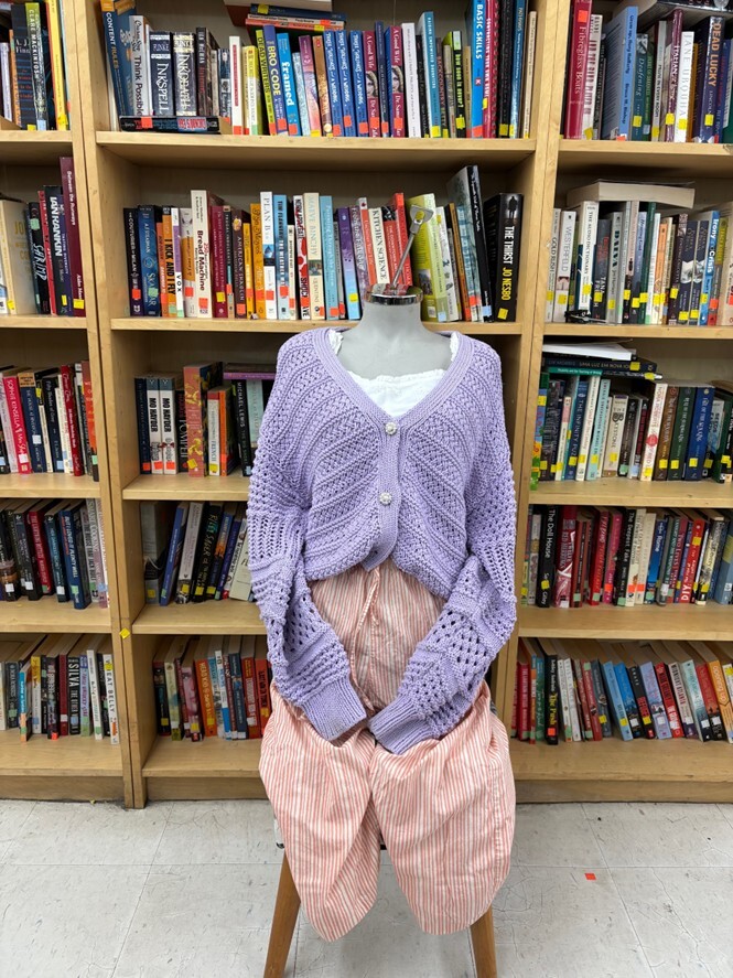 light purple cardigan, pink pants